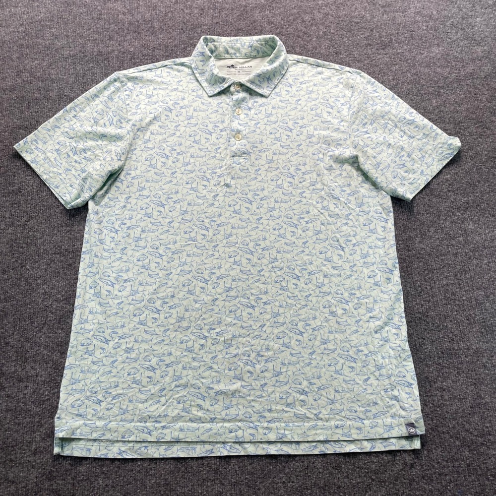 Peter Millar Polo Shirt Mens Medium Green Fish Print Seaside Pima Cotton